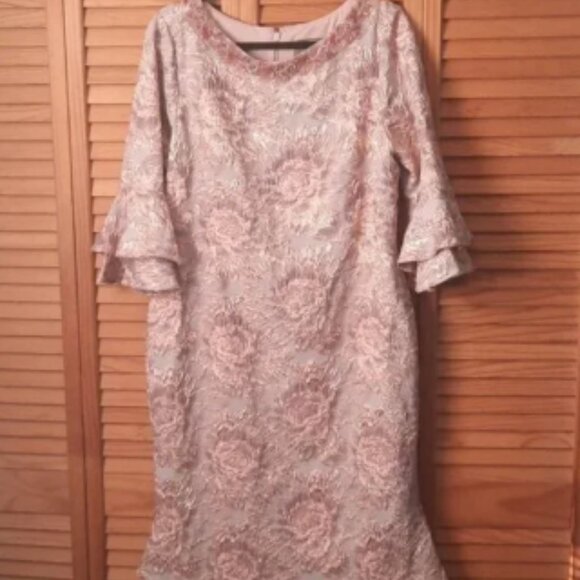 Theia Metallic Gold & Gray Beaded Sequin Neckline Bell Sleeve Dress Size 14 - Picture 1 of 8